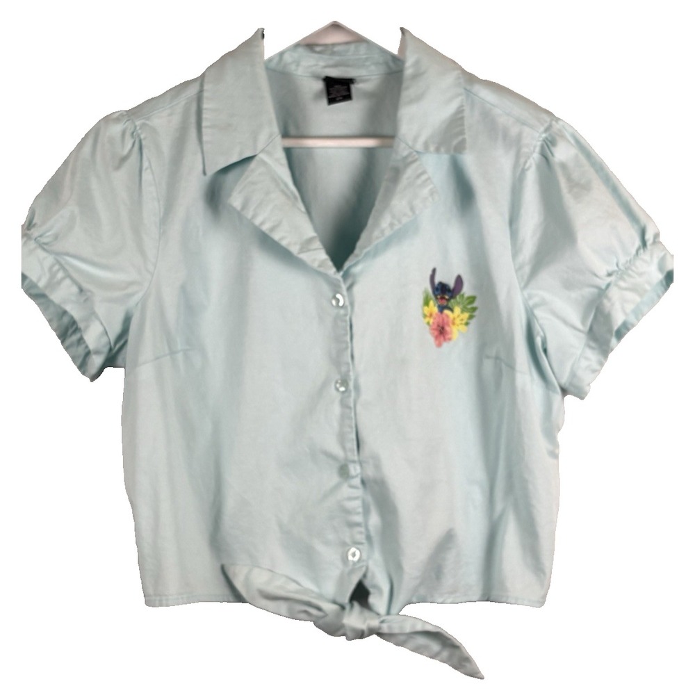Disney Lilo & Stitch Womens Shirt Size 2X Tie-Front Button Light Blue Crop Top